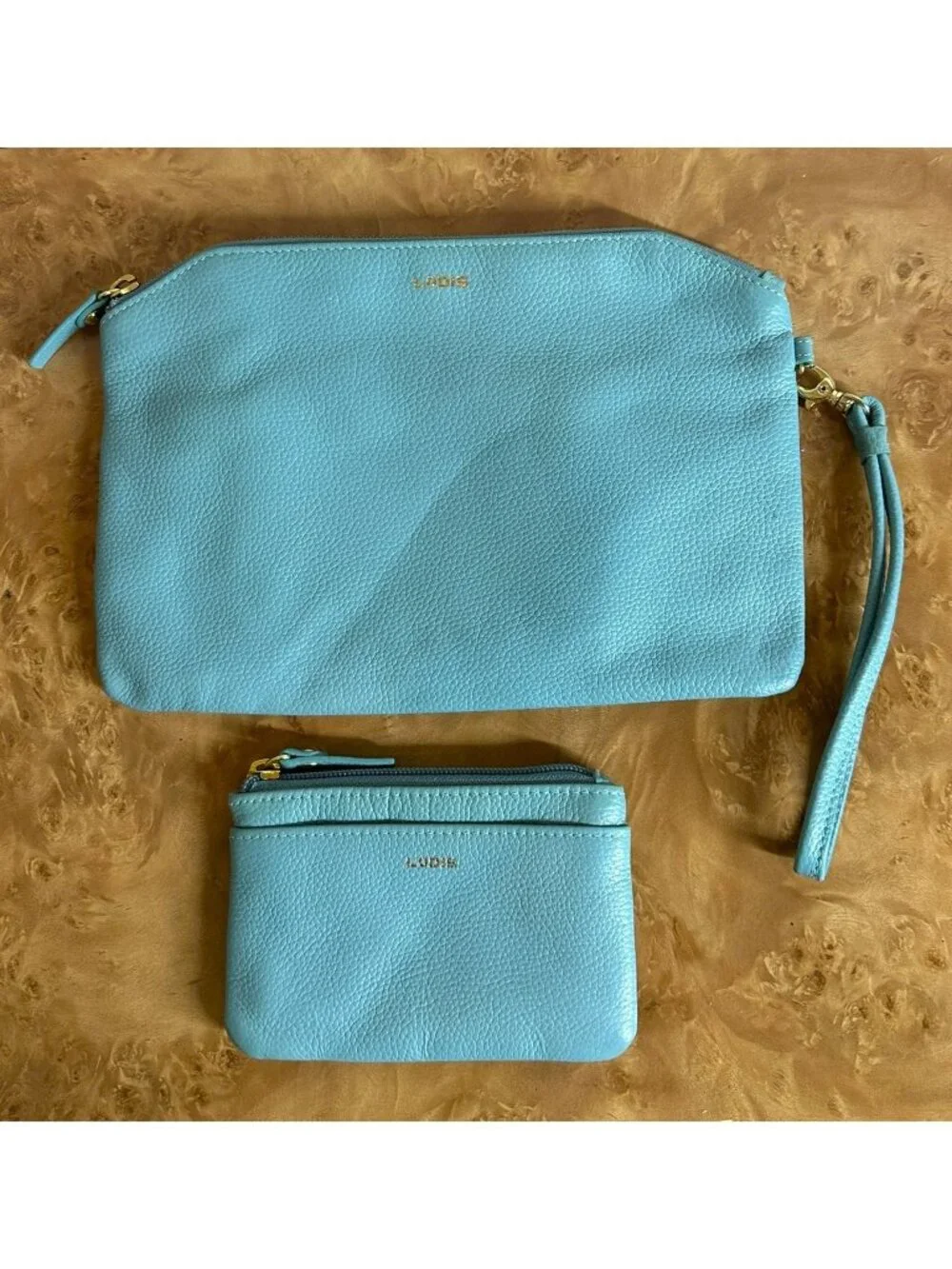 Lodis Blue Pebbled Leather Wristlet & Zip Coin Pouch Bag Set